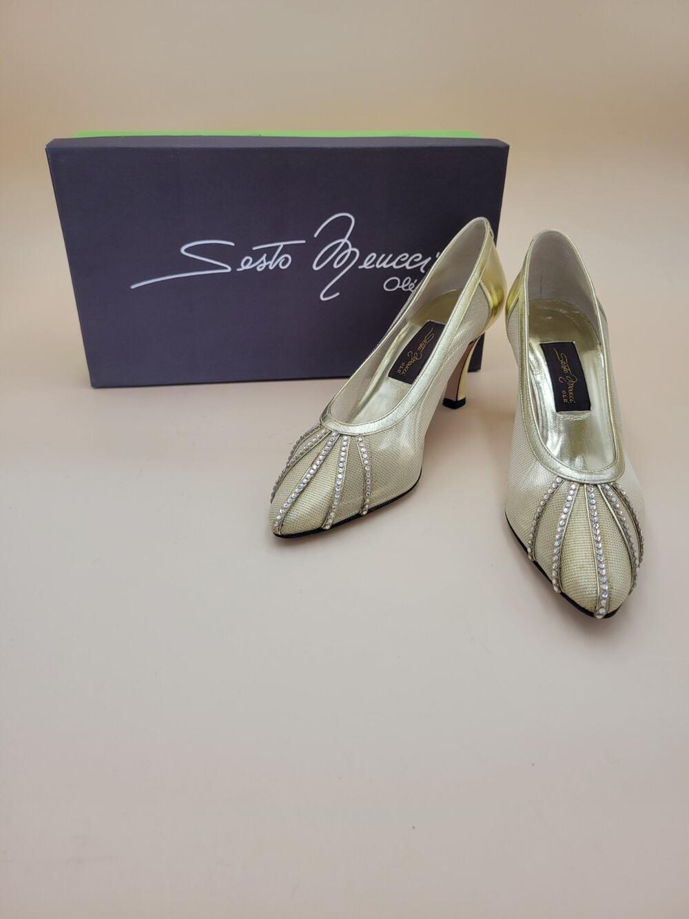 SESTO MEUCCI Vtg Gold Silver Embellished Strappy Heels Size 6.5 M Vtg
